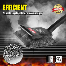 GRILLART built-in scraper preps stubborn grease before gentle scrubbing.