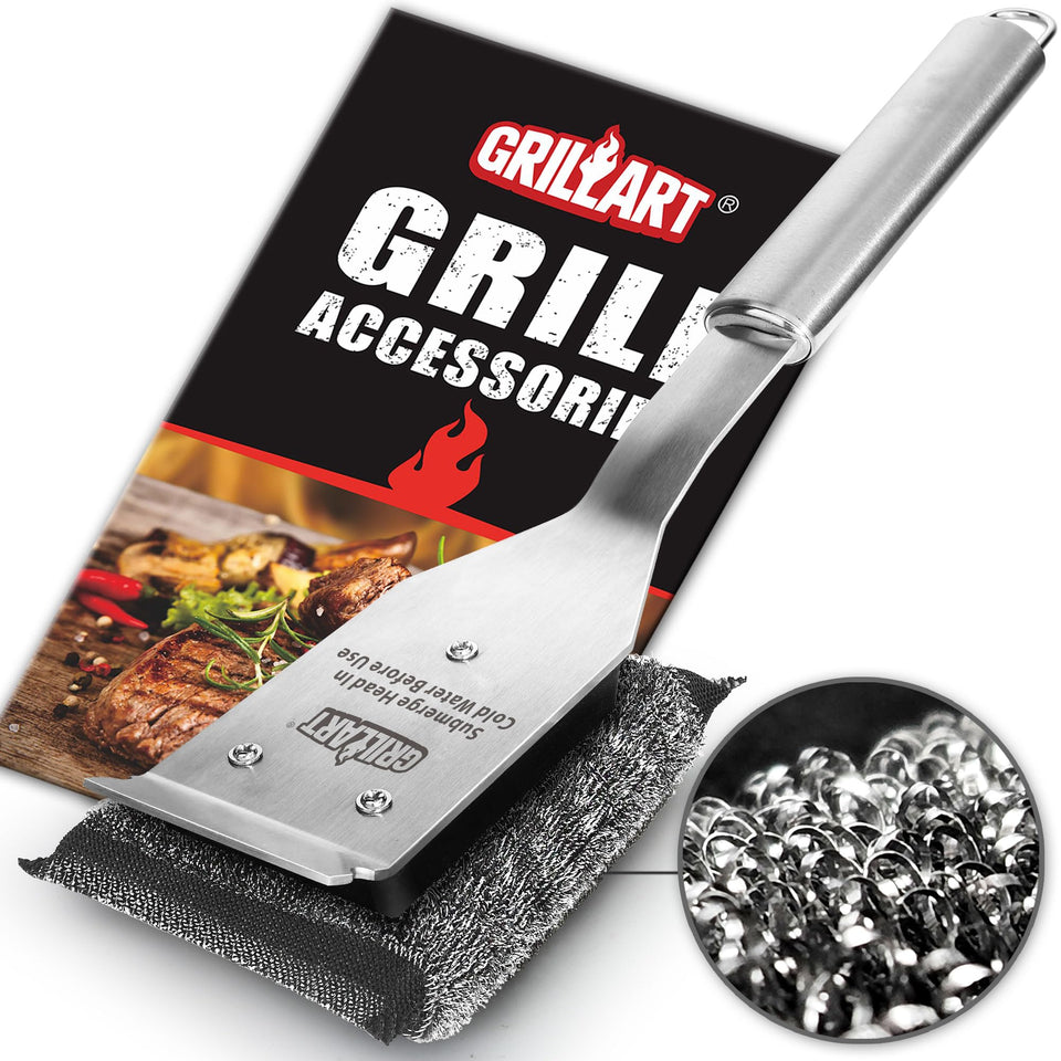 GRILLART StelFyber head enables bristle-free grilling safety.
