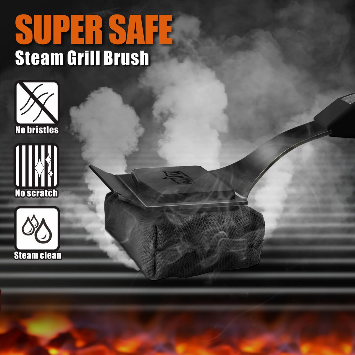 GRILLART sturdy stainless handle stays cool during scrubbing