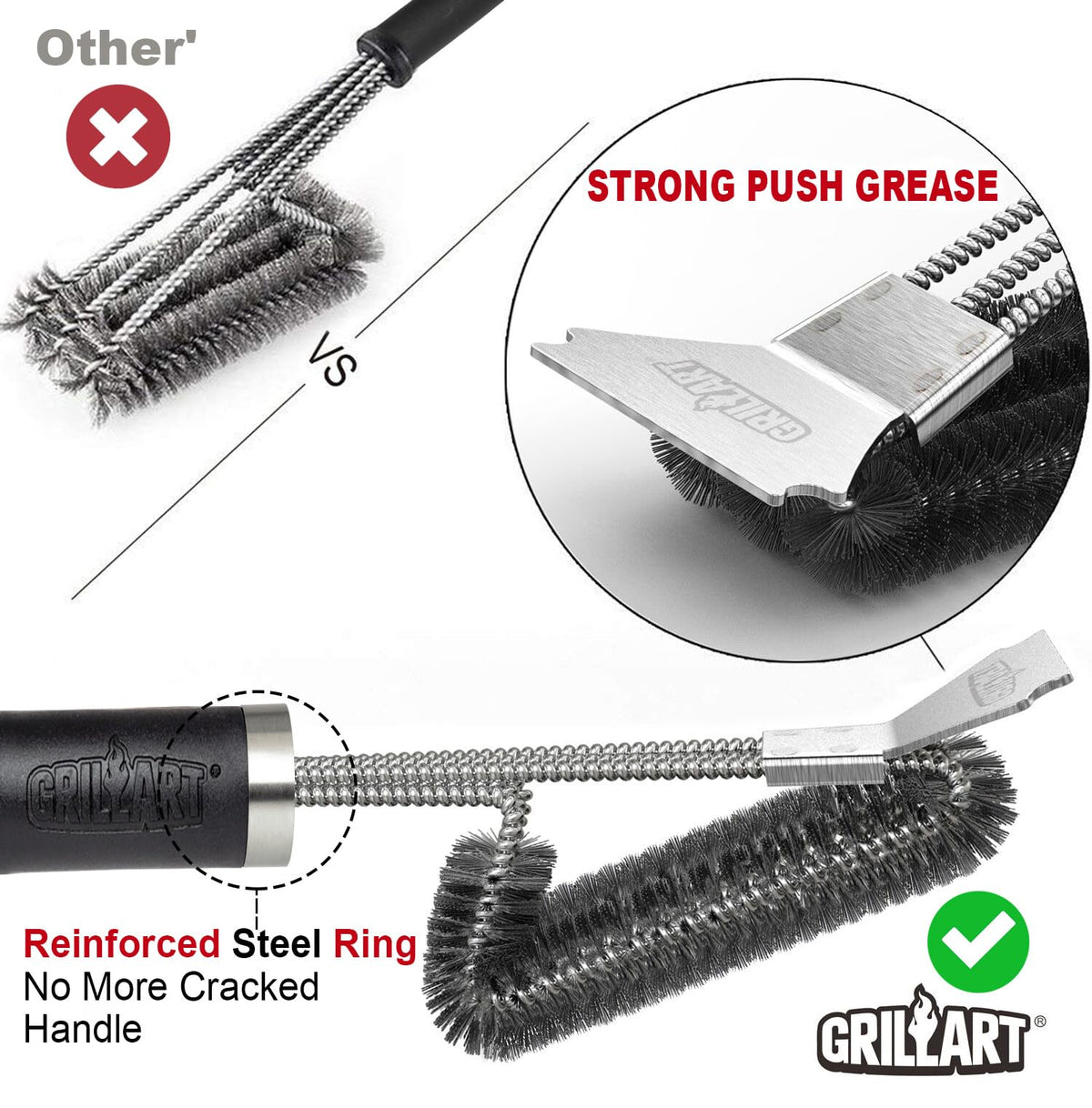 GRILLART three-in-one bristles for quick, thorough grill cleaning.