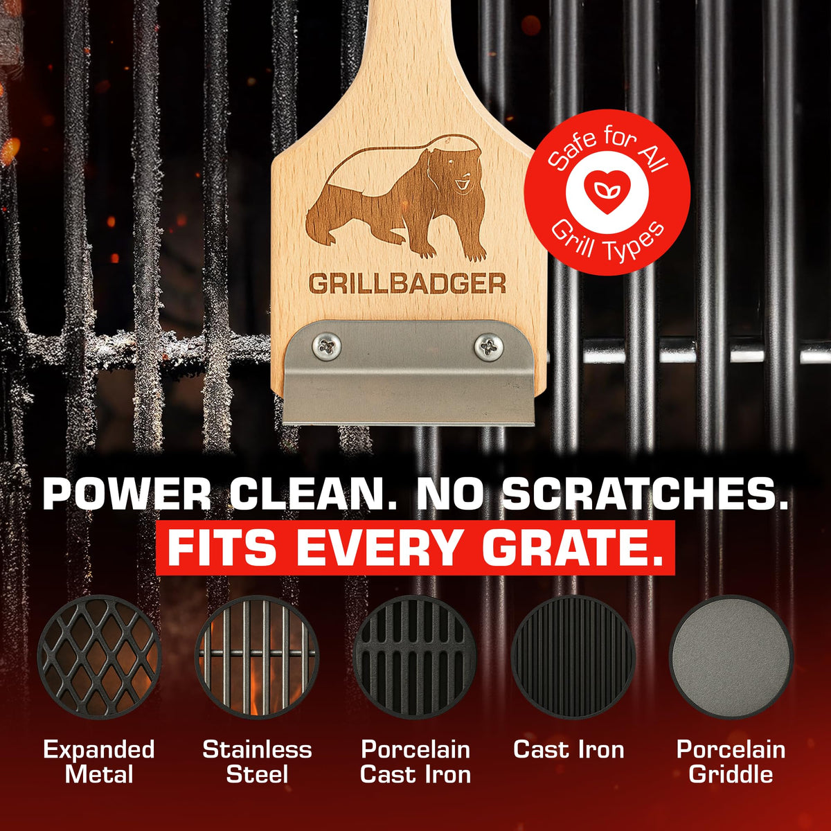 GRILLBADGER durable wooden brush with no plastic or metal.
