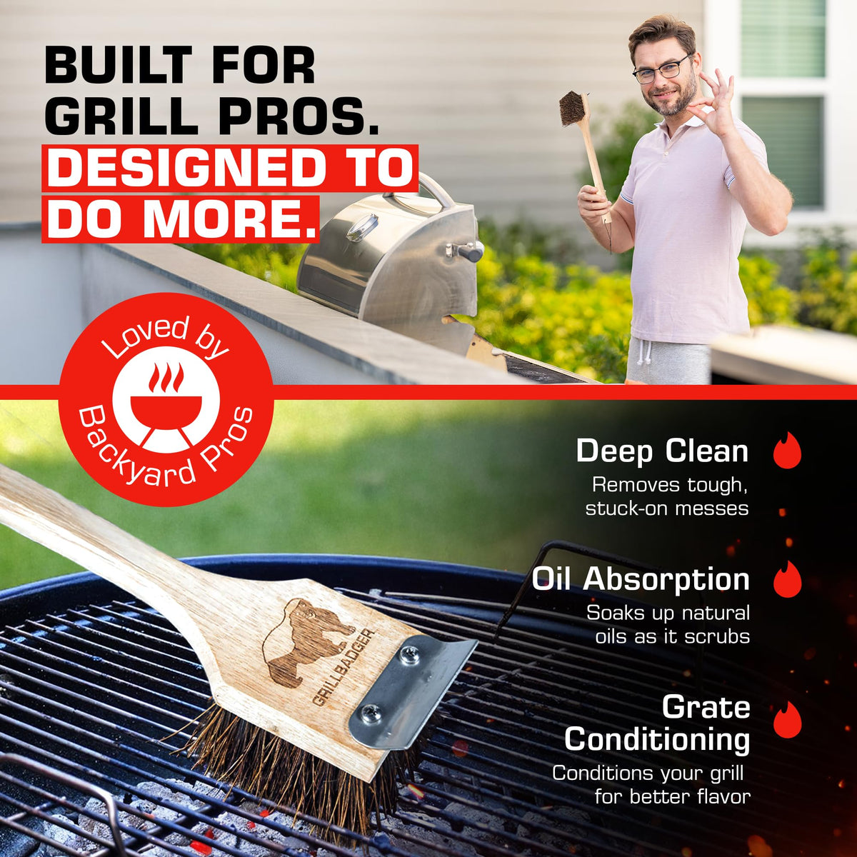 GRILLBADGER wooden scraper removes stubborn grime without scratching.