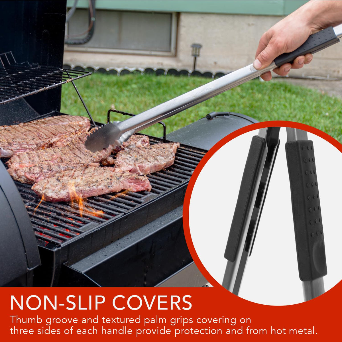 Grille Perfect dual-sided tongs with teeth for handling large cuts evenly.