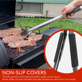 Grille Perfect dual-sided tongs with teeth for handling large cuts evenly.