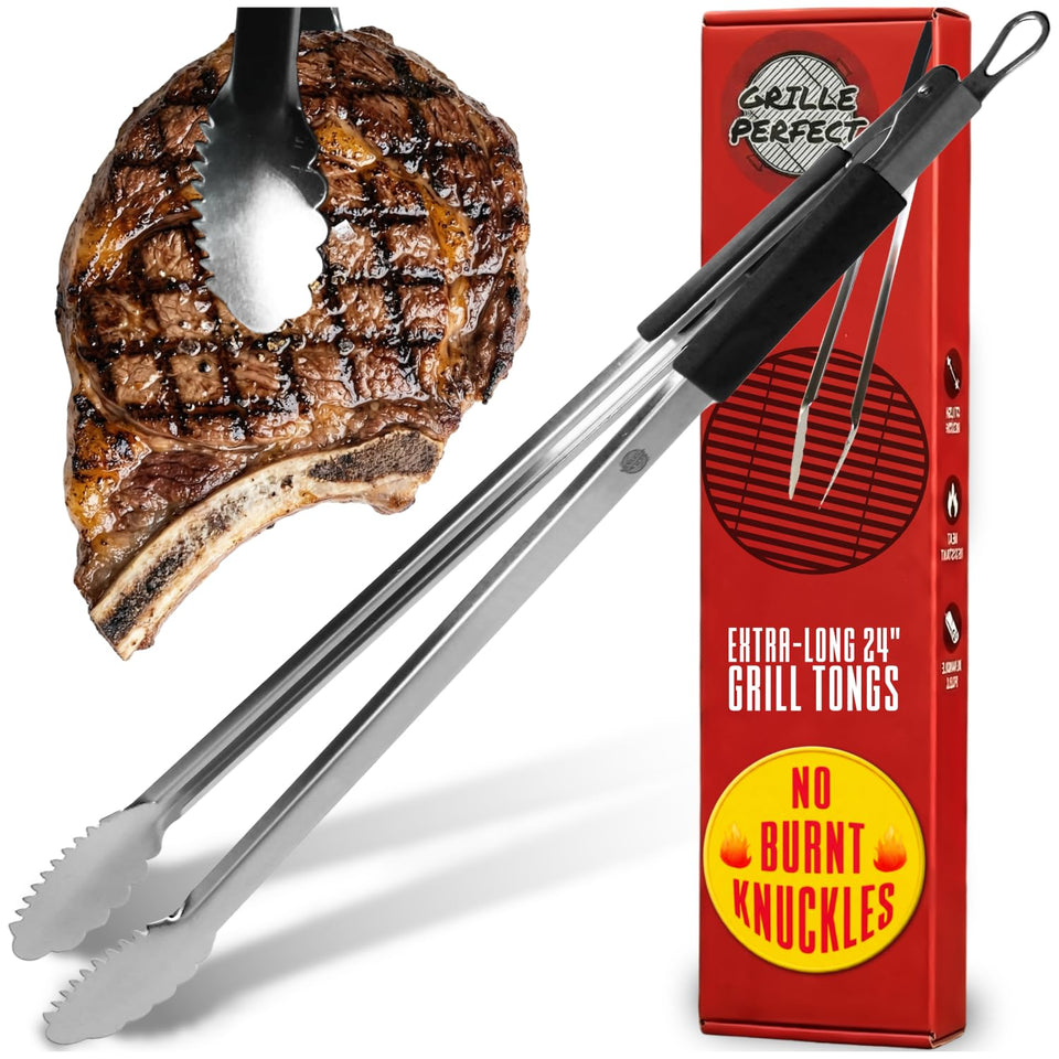 Grille Perfect 24-inch grill tongs extending reach for safe back-grill flipping.