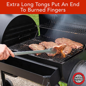 Grille Perfect stainless steel grill tongs with heat-resistant grip for BBQ outdoors.