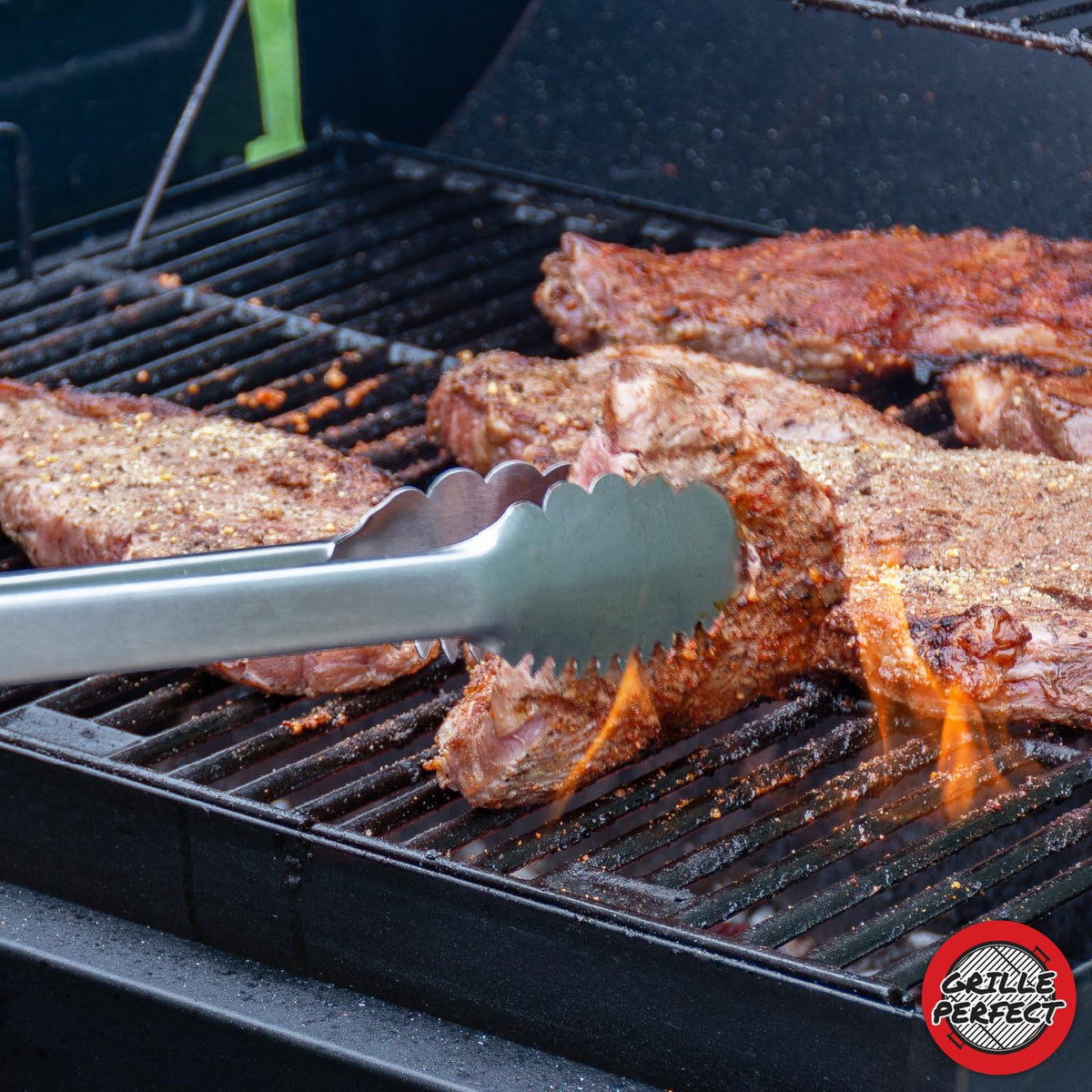 Grille Perfect tongs stored via hanging ring after cooking