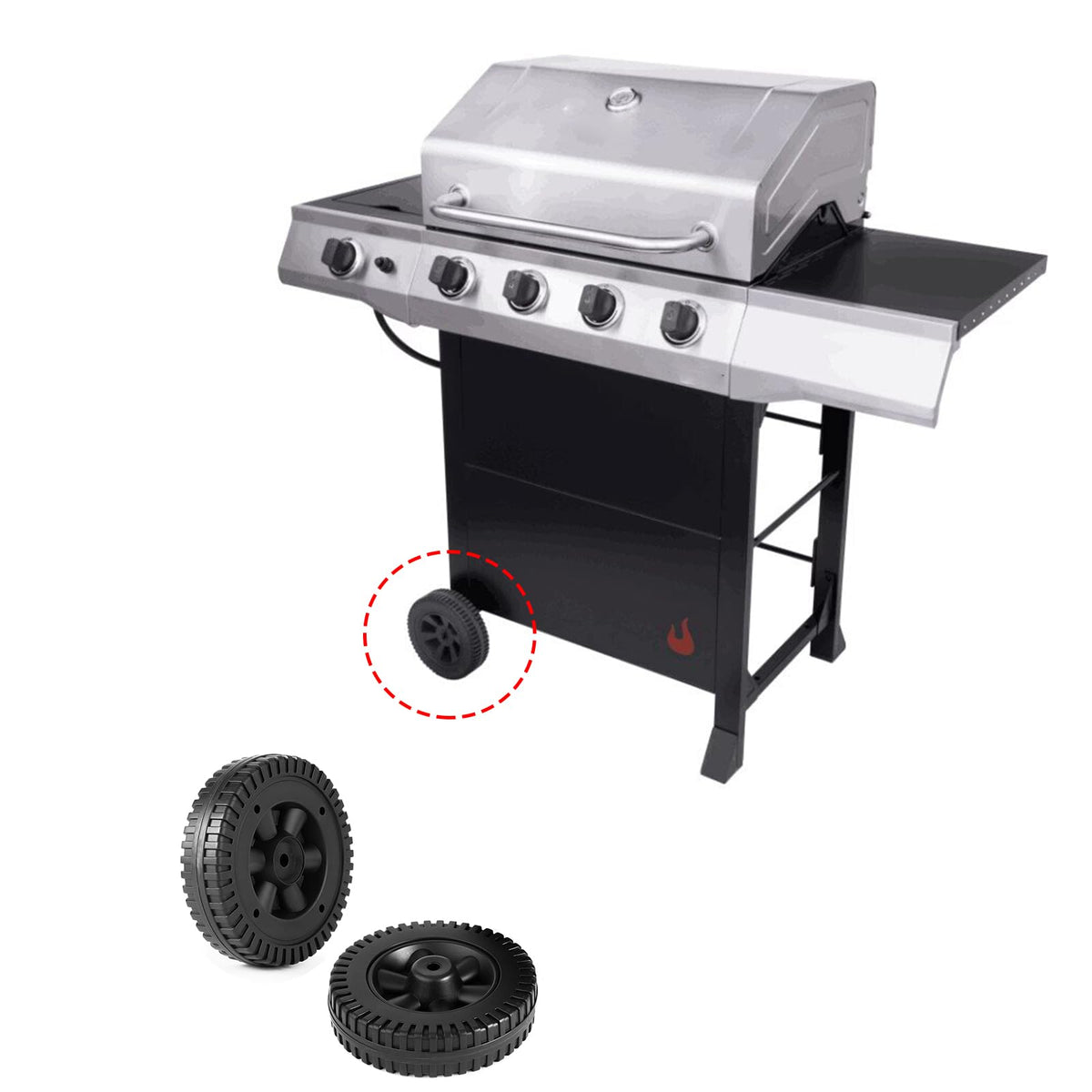 Grillflame wheels mounted on a grill illustrate durable, smooth movement.