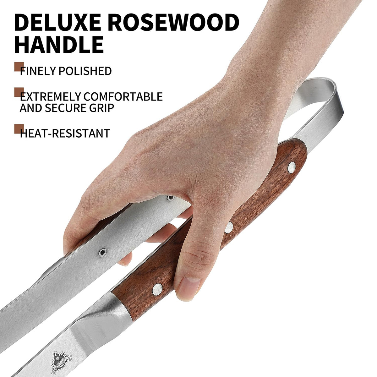 GRILLGEN heat-resistant rosewood grip for safe grilling near coals.