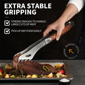 GRILLGEN 16.73 inch tongs in use keep hands away from heat.