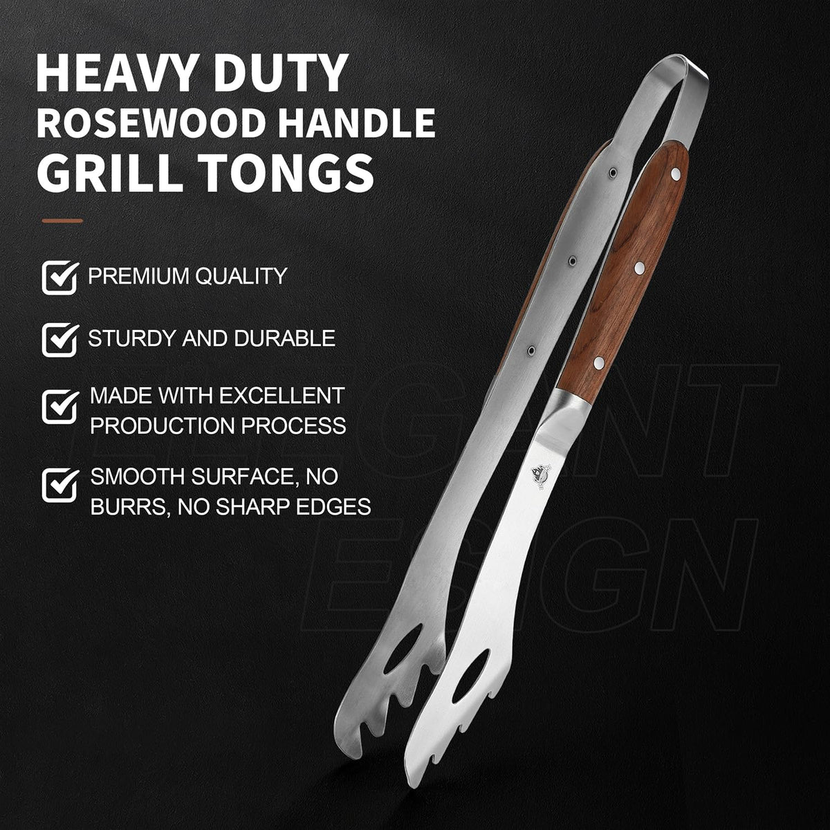 GRILLGEN rosewood grip BBQ tongs close-up showing ergonomic comfort.
