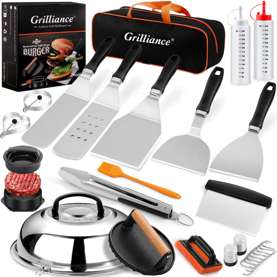 Grilliance 27-piece flat-top grill accessories kit ready for backyard cooking