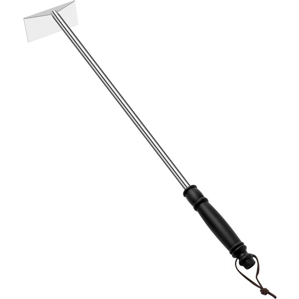 Grilliance ash rake hoe with extended handle reaching tight oven corners for safe cleaning