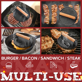 Grilliance griddle press in use on a grill for versatile indoor and outdoor cooking