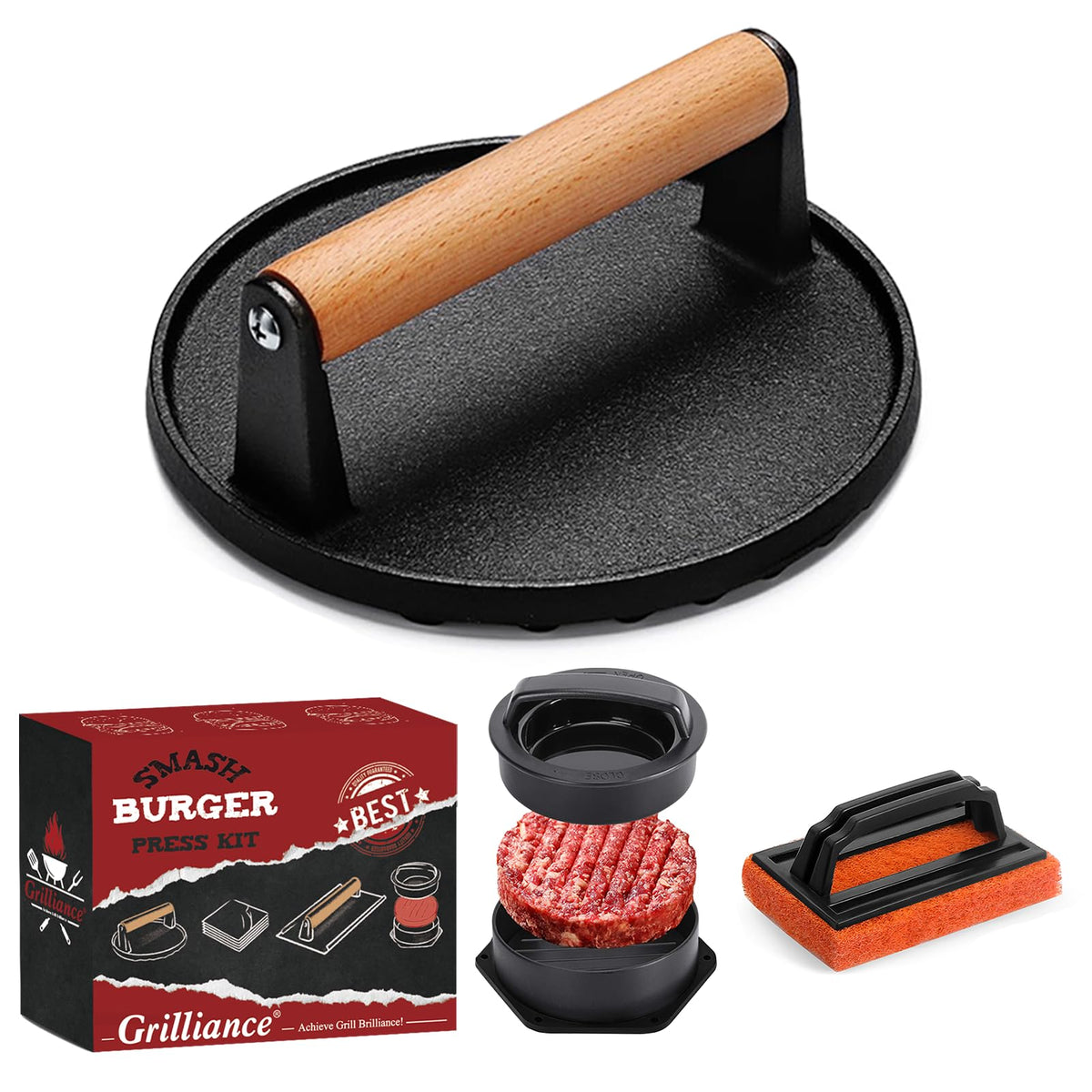 Grilliance smash burger press 6.69-inch round for even patties and restaurant-style browning