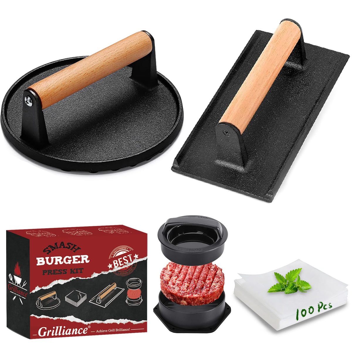 Grilliance round cast iron burger press shaping even patties.