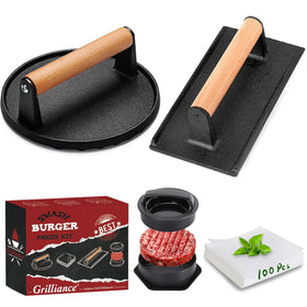 Grilliance round cast iron burger press shaping even patties.