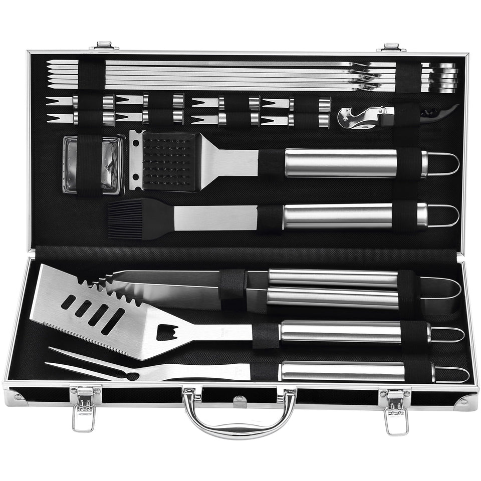 Grilljoy 22-piece grill tools set in a sleek case for organized outdoor cooking.