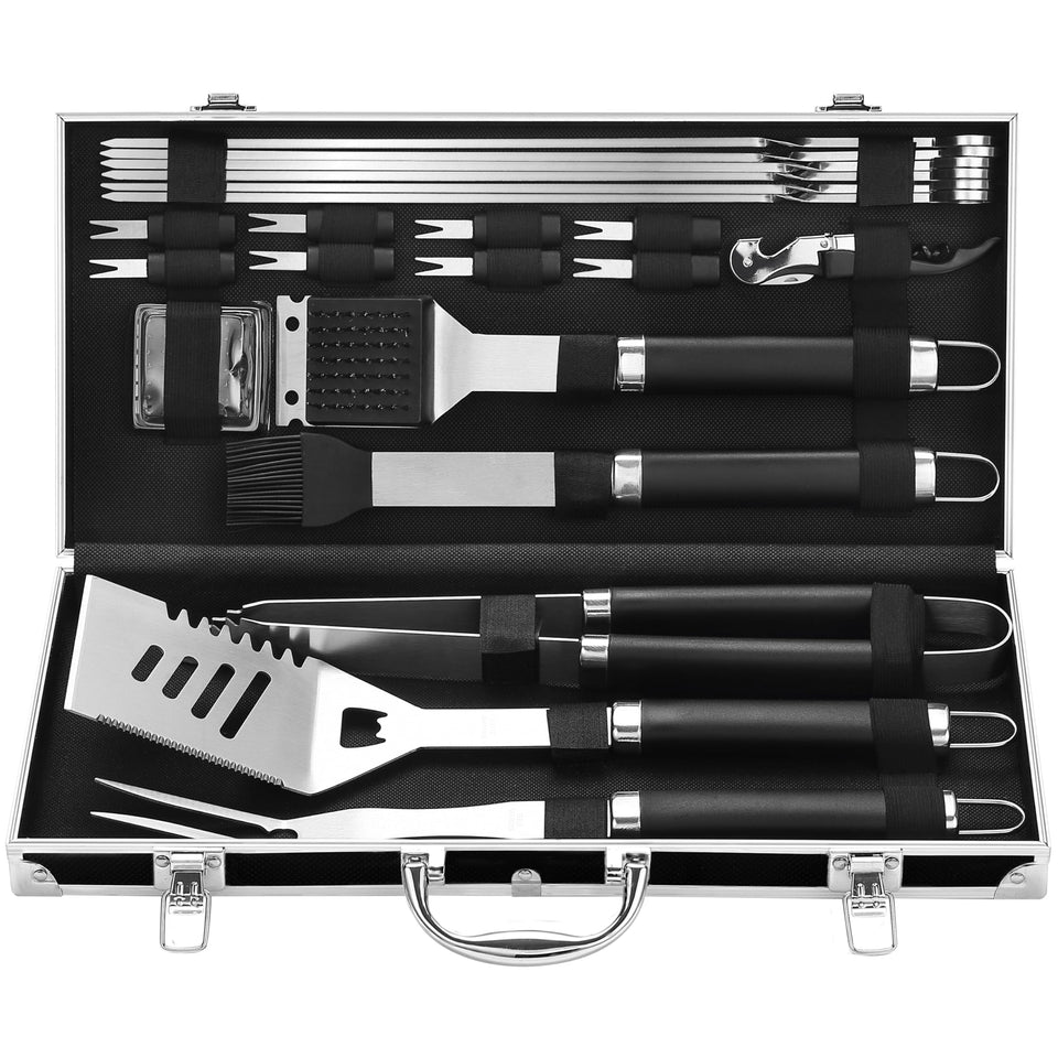 Grilljoy 22-piece stainless steel BBQ tools in a black aluminum case for organized grilling