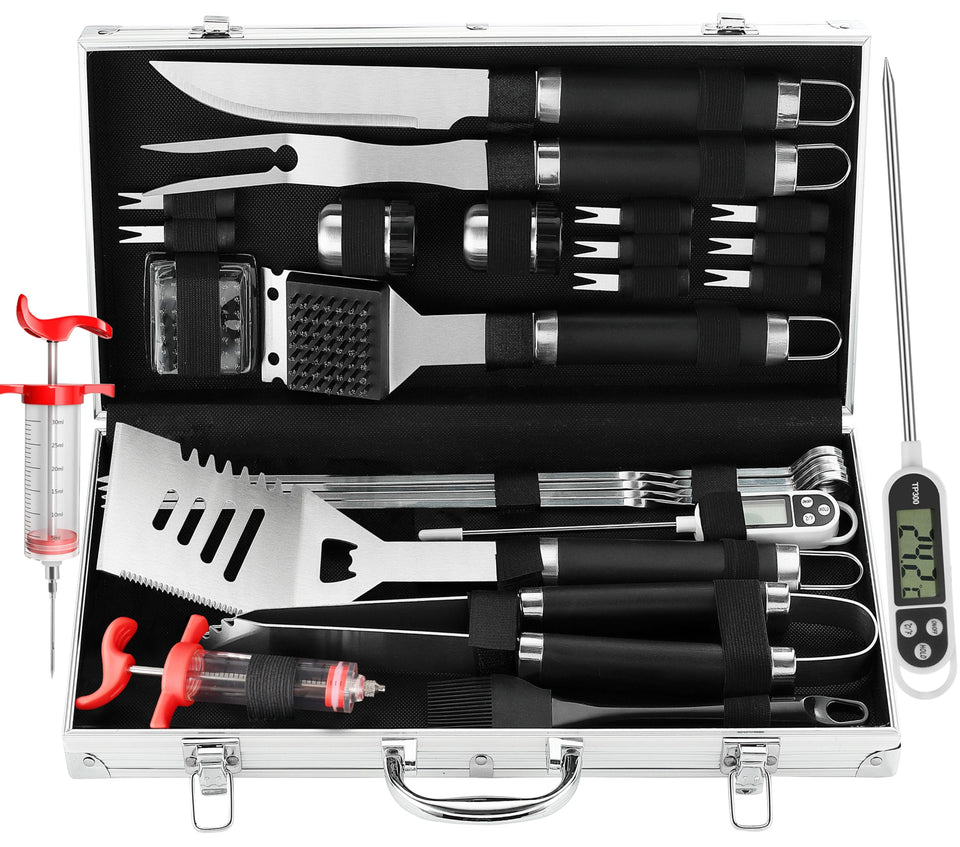 Grilljoy 24-piece BBQ tools set in aluminum case for portable grilling