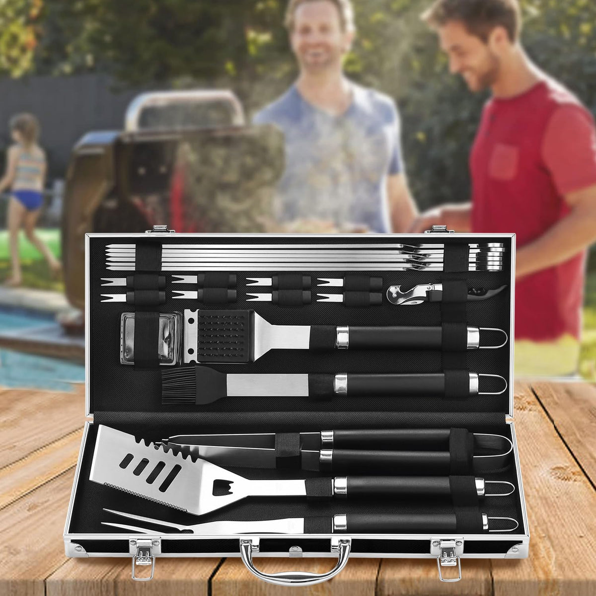 Grilljoy black aluminum storage case with secure straps for transport