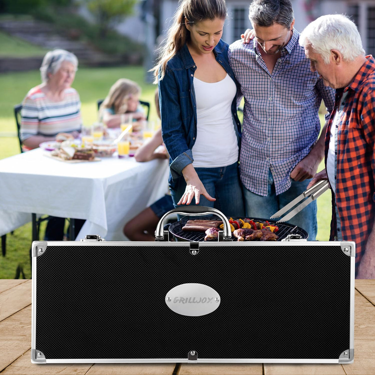 Grilljoy black aluminum storage box keeps tools secure during transport.