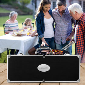 Grilljoy black aluminum storage box keeps tools secure during transport.