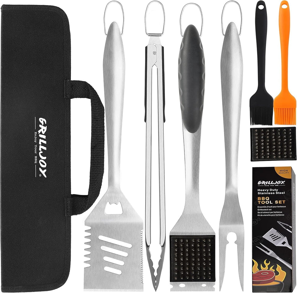 Grilljoy extra-thick stainless spatula for easy flipping and sturdy scraping on the grill.