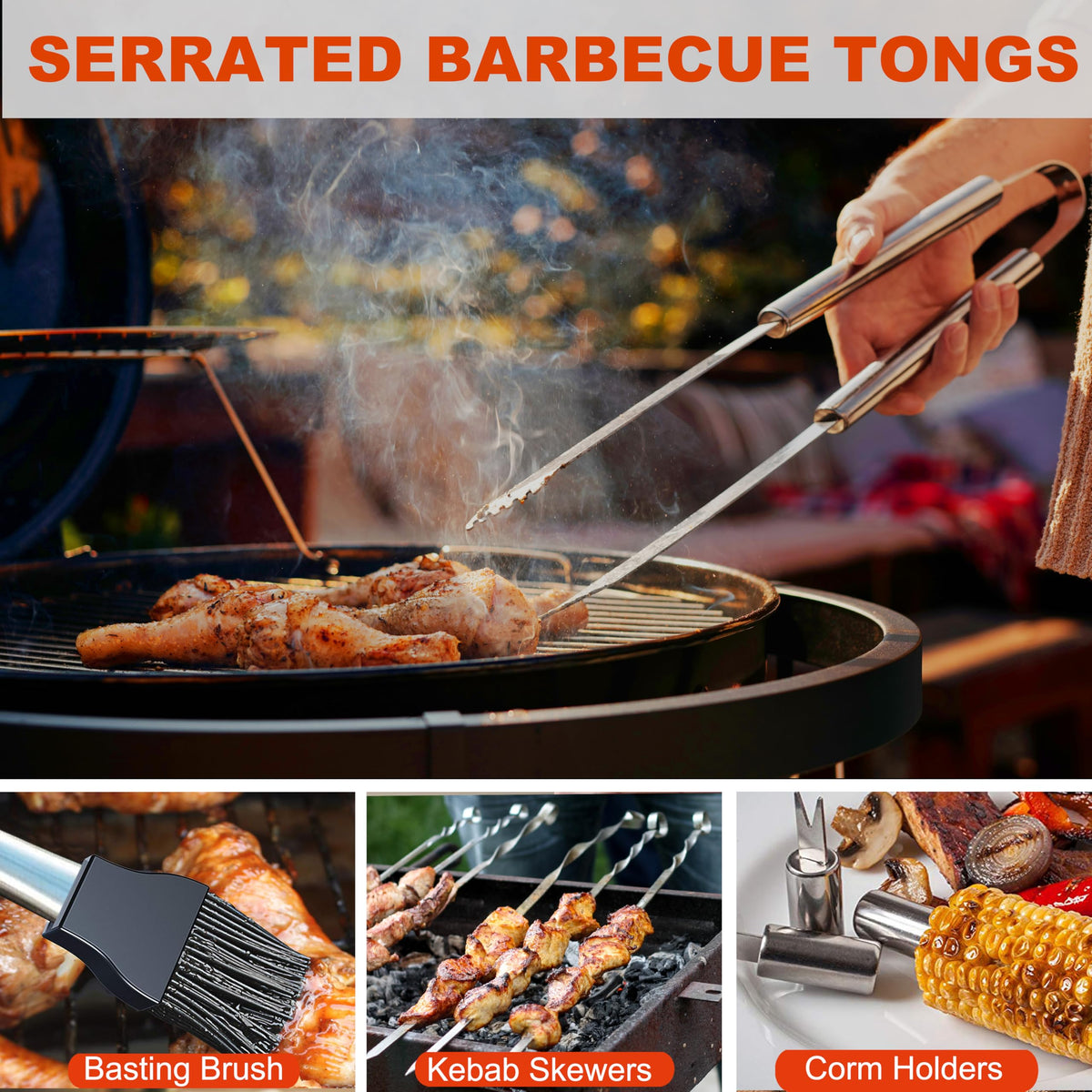Grilljoy skewers and corn holders for even grilling and easy serving.