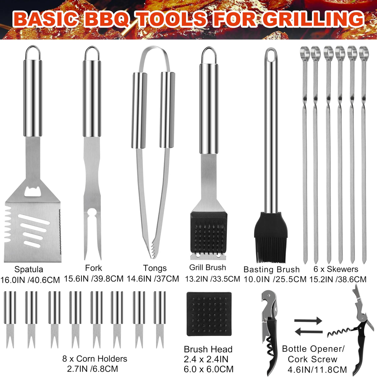 Grilljoy tongs, spatula and fork ready for precise flipping and handling.