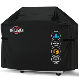 Grillman grill cover on an outdoor grill showing a snug fit for 58-inch models.