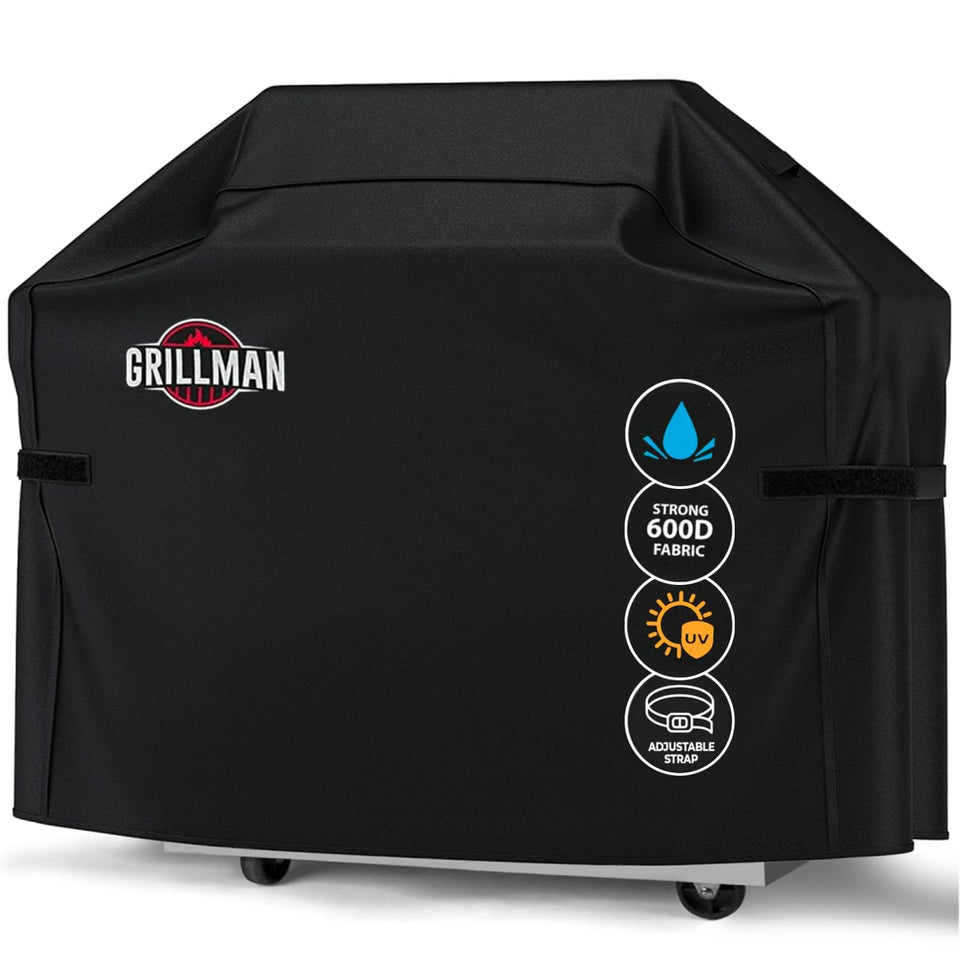 Grillman grill cover on an outdoor grill showing a snug fit for 58-inch models.