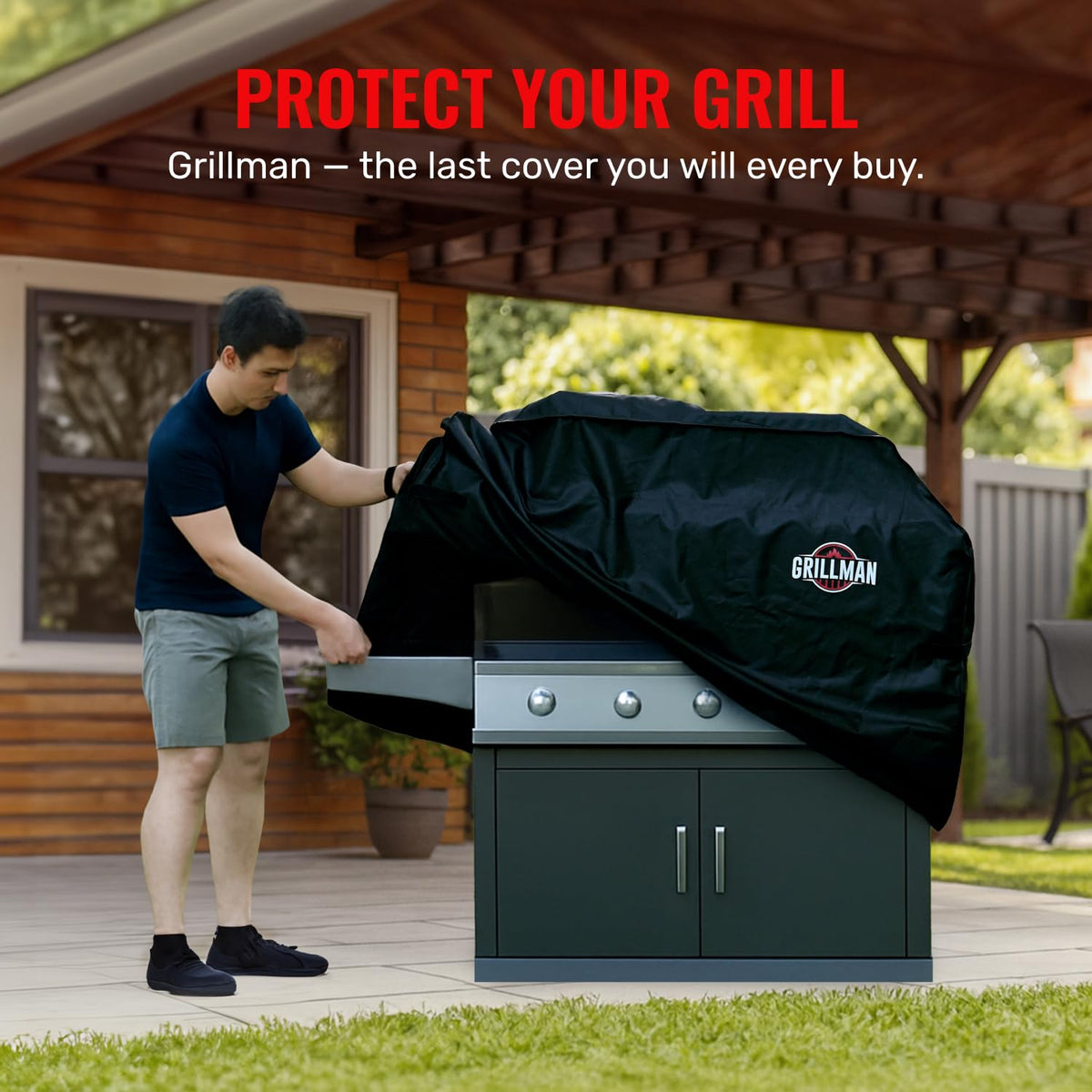 Grillman grill cover with secure straps stays in place during windy conditions.