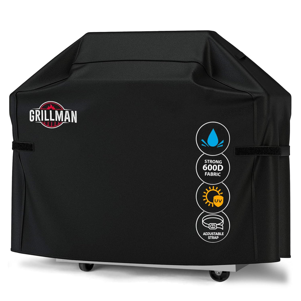 Grillman Premium 60-inch grill cover in front view protects the grill from rain