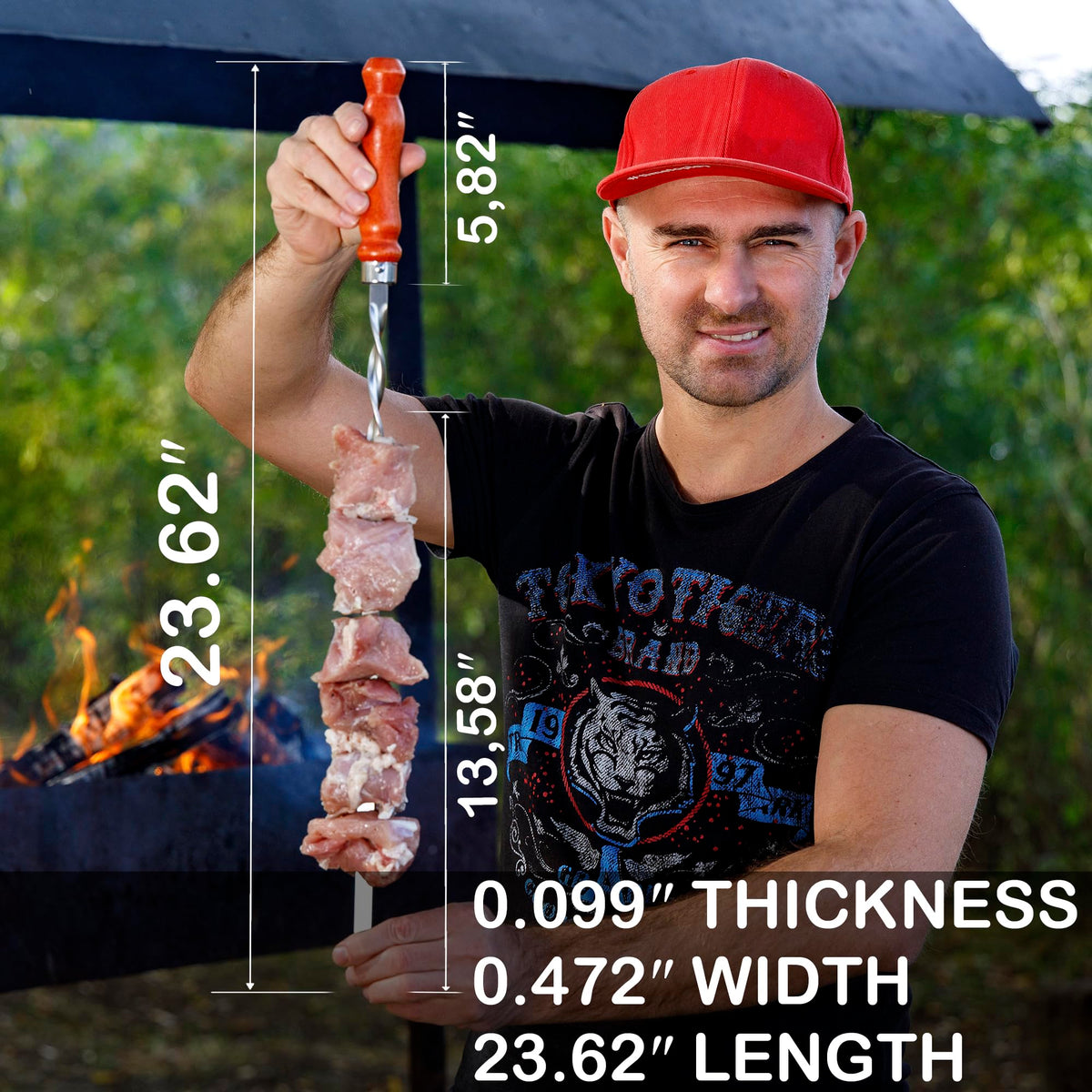 GRILLMER 23.6 in skewers demonstrating extra-long length for safe heat distance.