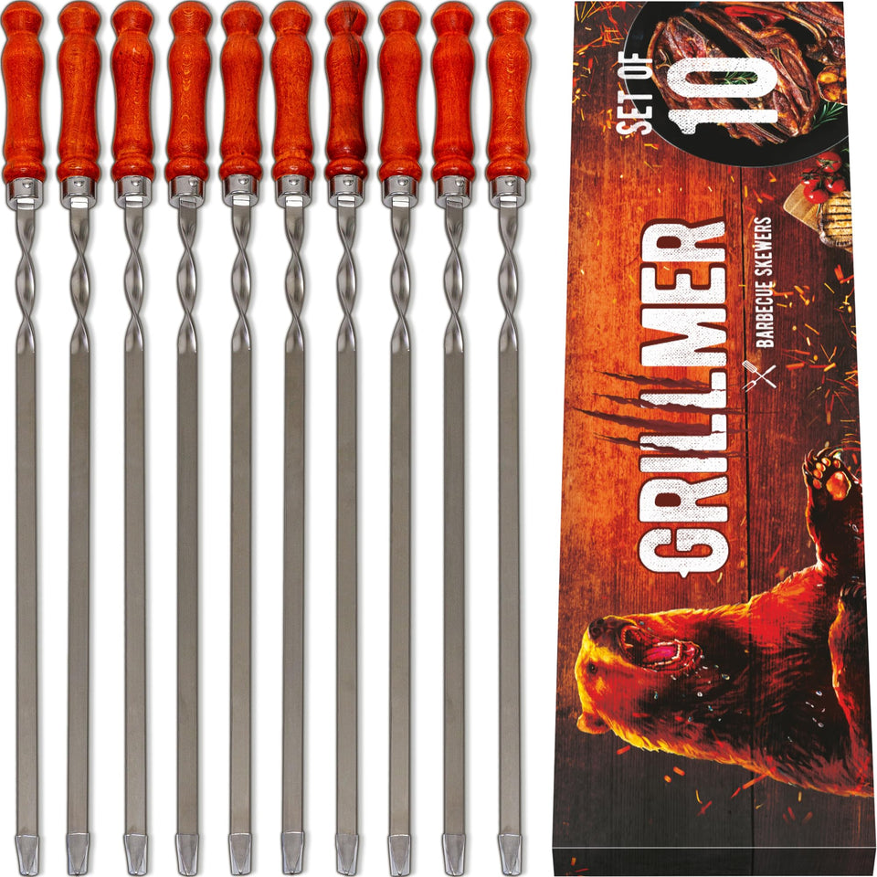 GRILLMER long flat skewers showing flat heavy-duty design for stable kebabs.