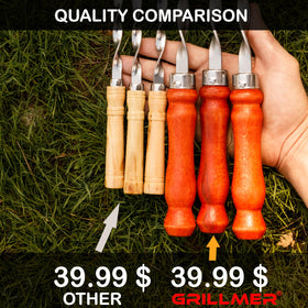 GRILLMER premium stainless steel skewers highlighting rust resistance and durability.