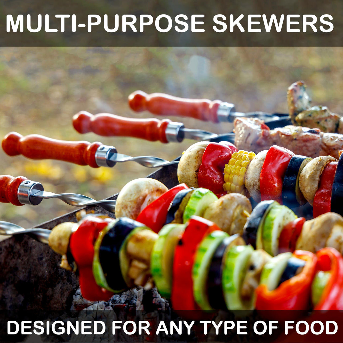 GRILLMER set of 10 multi-purpose rods for beef, chicken, and vegetables.