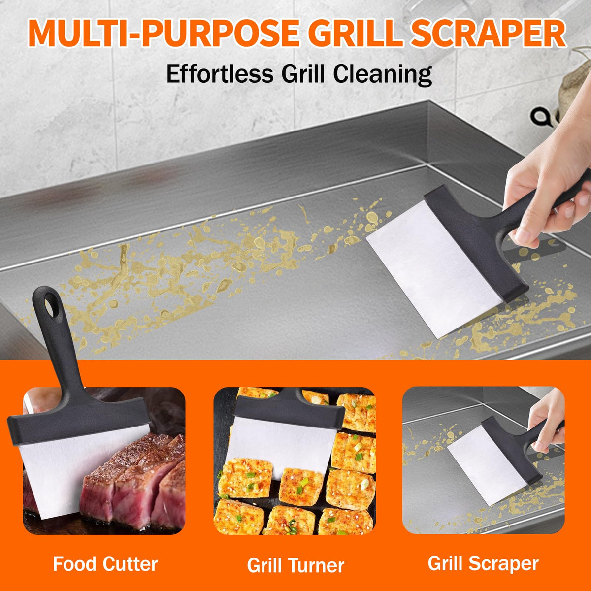 GrillSpesoX stainless steel griddle scraper for fast, precise surface cleaning.