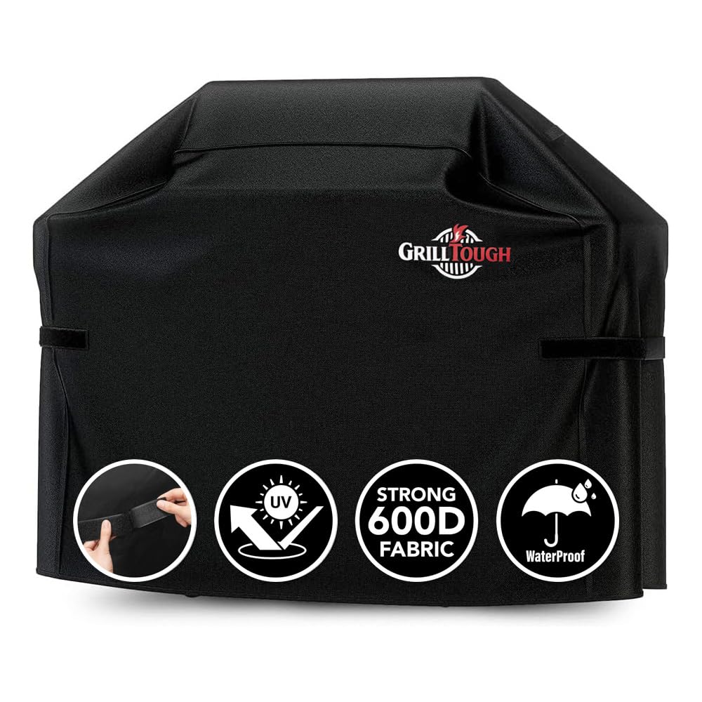 GrillTough 58in grill cover on a grill provides weather protection.