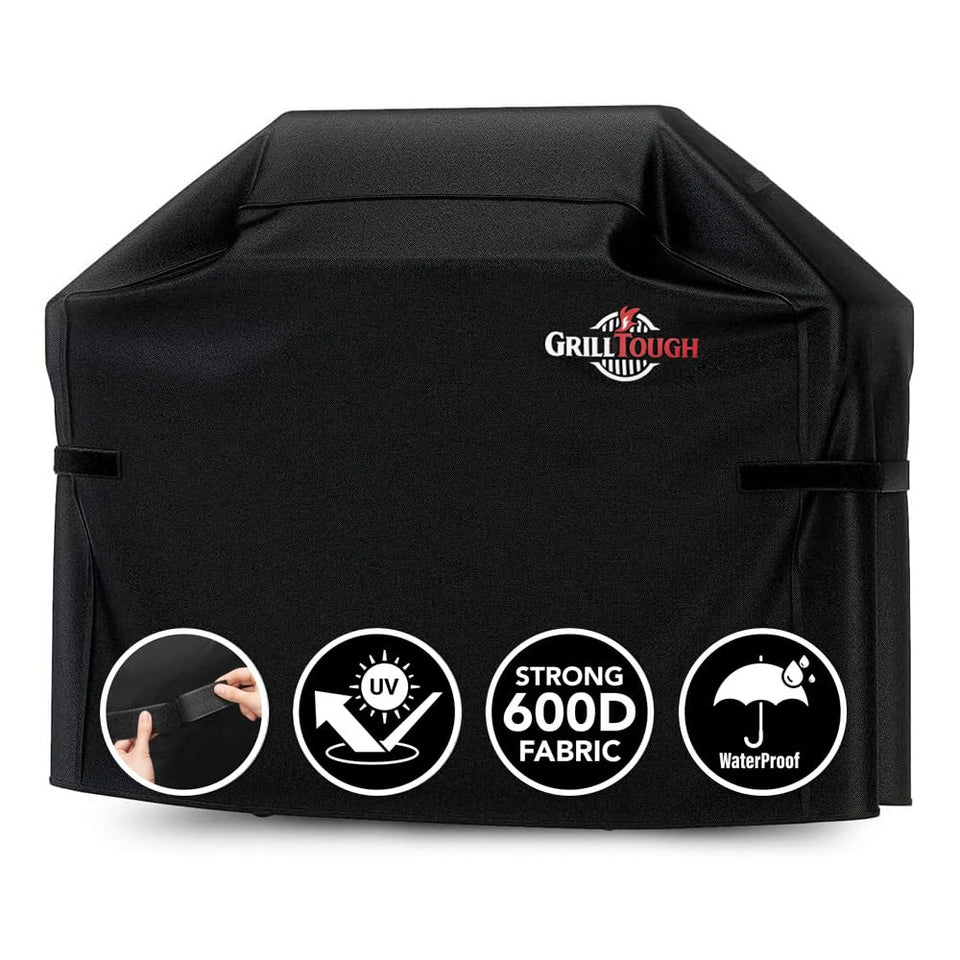 GrillTough 58in grill cover on a grill provides weather protection.