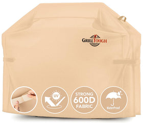 GrillTough heavy-duty cover on grill protects against rain and sun.