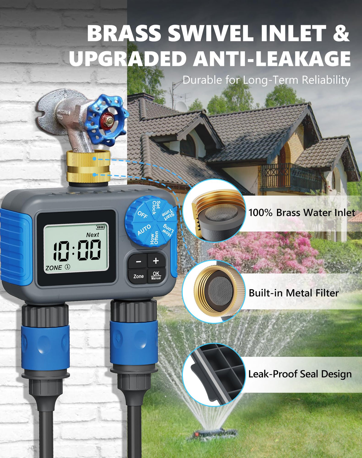 Grillum sprinkler timer dual outlet enables independent schedules for two zones