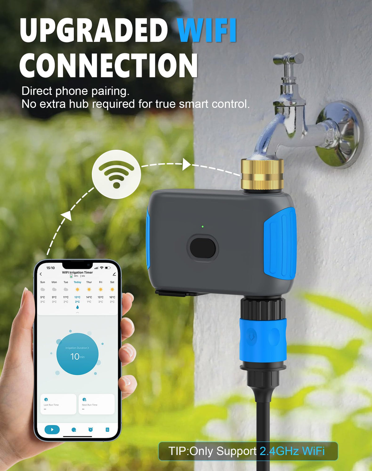 Grillum timer connected to app on phone for easy watering schedules.