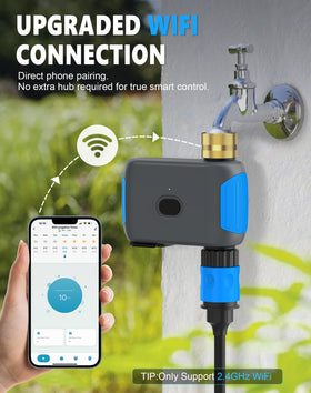 Grillum timer connected to app on phone for easy watering schedules.
