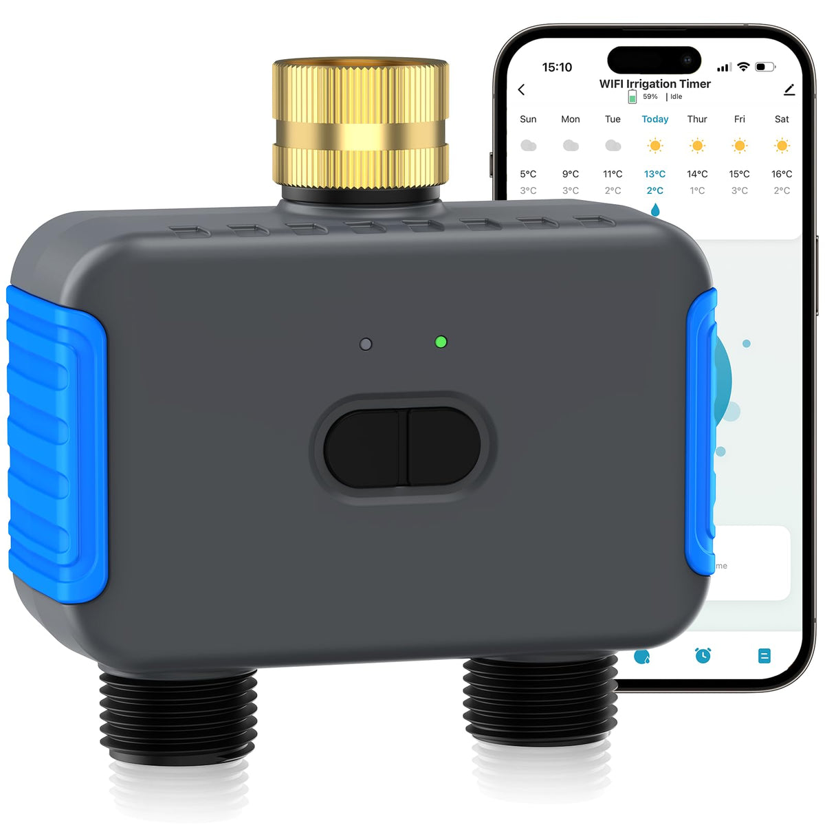 Grillum WiFi Sprinkler Timer front view showing app-ready control for precise watering