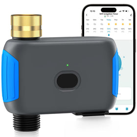 Grillum WiFi Sprinkler Timer front view with brass connector for outdoor watering.