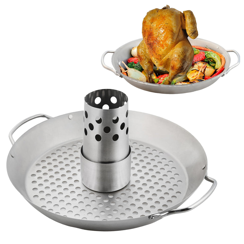 GrillX Beer Can Chicken Holder 13in stand keeps the bird upright for even cooking.
