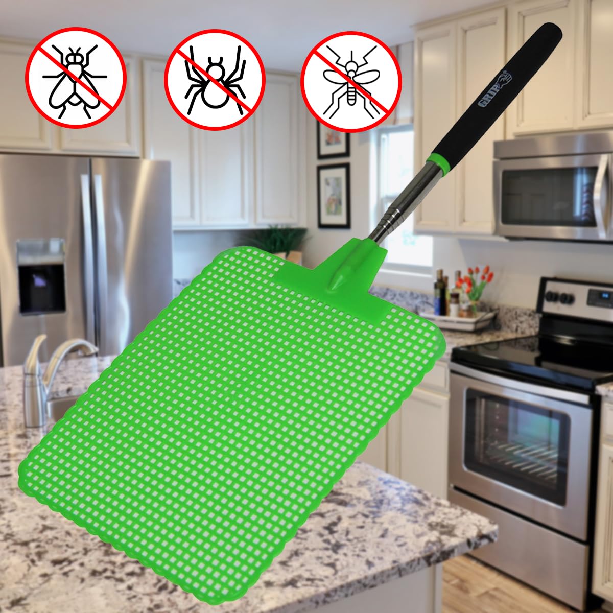 GRIP fly-swatter handle with rubber grip for secure use.