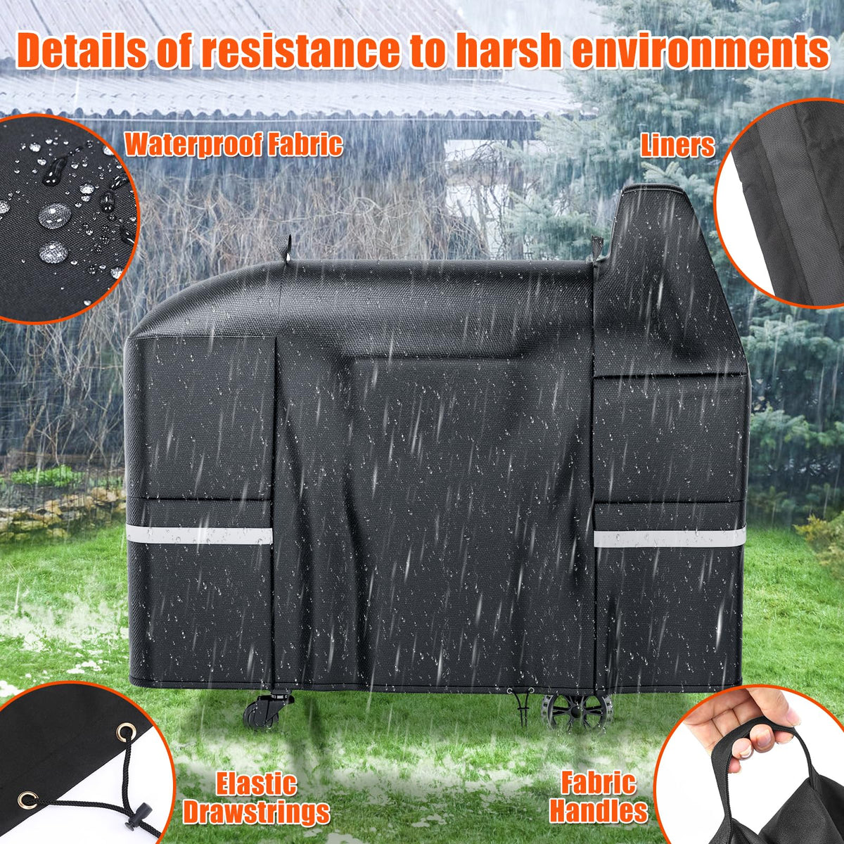 Grisun 1000 series grill cover highlights airflow vents to reduce moisture.